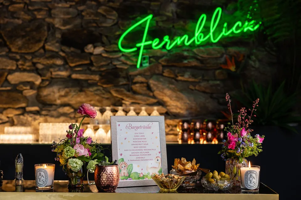 Rock bar at the Fernblick with neon lettering and candlelight