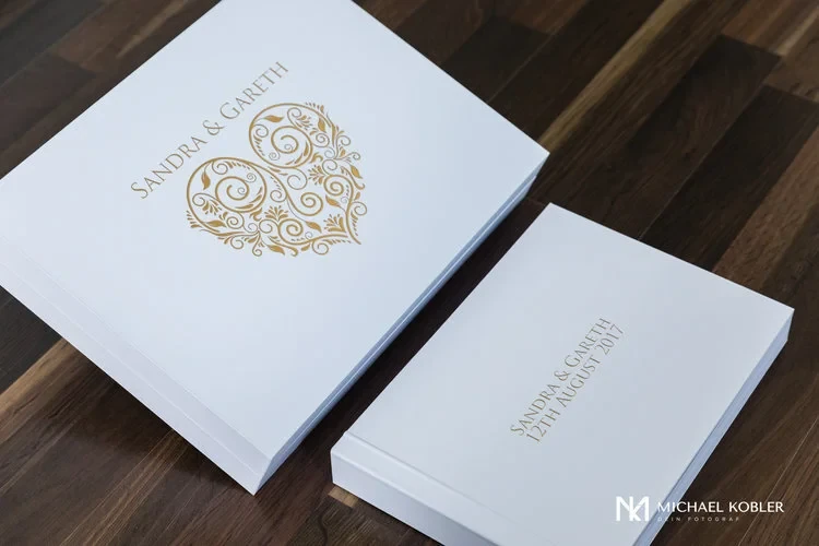 Napoli wedding album with gold heart embossing and matching box