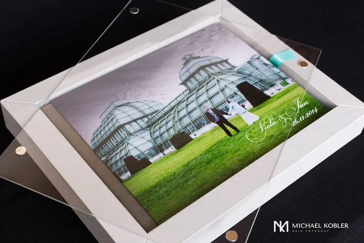 Rome album box with lifted acrylic lid revealing the photo cover