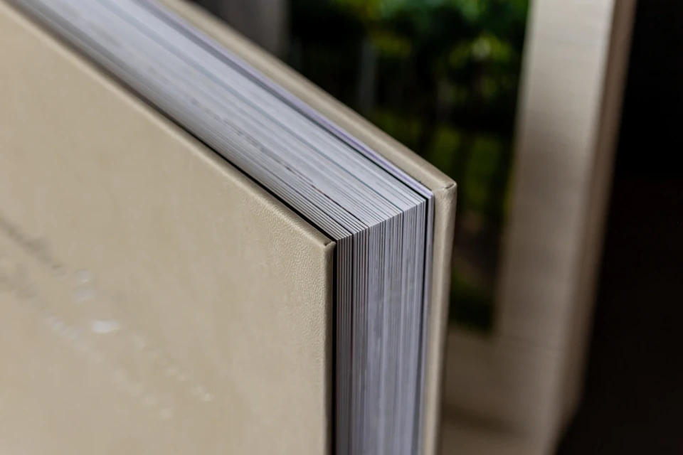 Detail of the thick, high-quality pages of a handcrafted wedding album