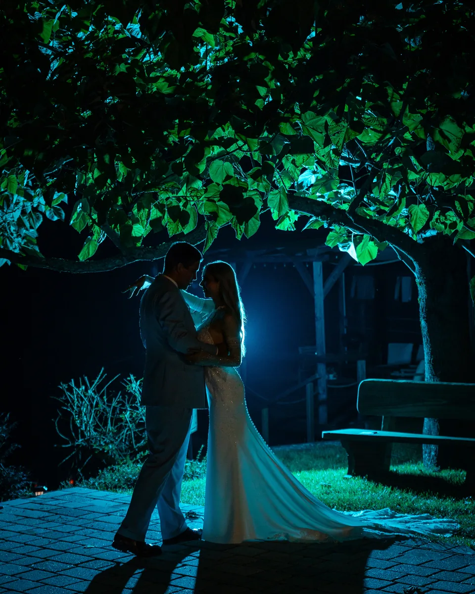 Hochzeitspaar bei Nacht unter dem türkis angeleuchteten Baum am Haidensee