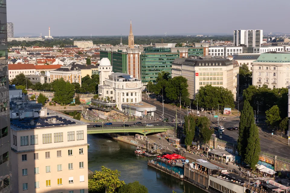 View from Juwel Vienna over the Danube Canal and the Urania