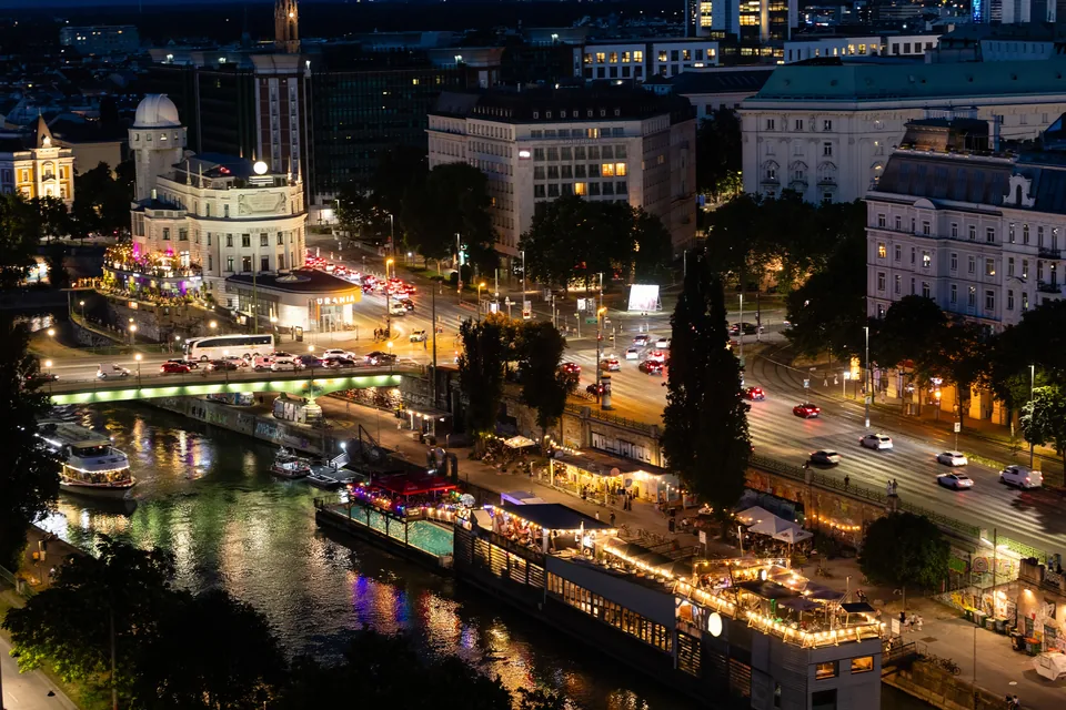 Central Vienna lit up at night, seen from the fifteenth floor of Juwel Vienna