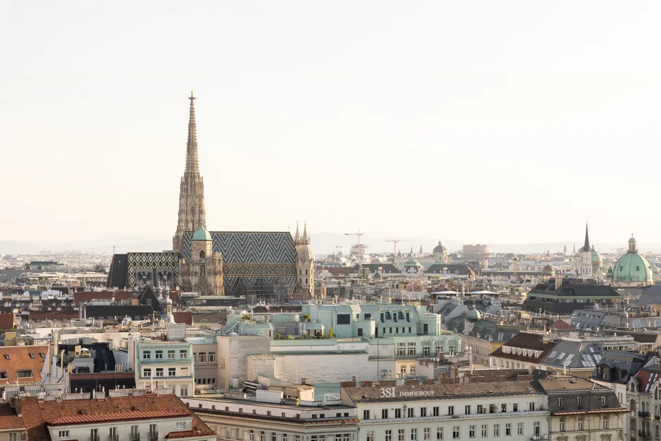 View from Juwel Vienna across the rooftops of the old city to St. Stephen's Cathedral